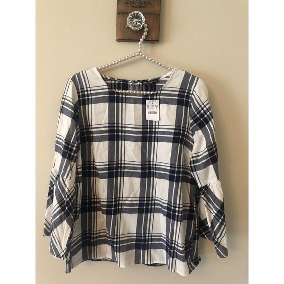 NWT JCrew Mercantile Size 6 Blue White Windowpane Plaid Blouse Bell Sleeve - Picture 1 of 6